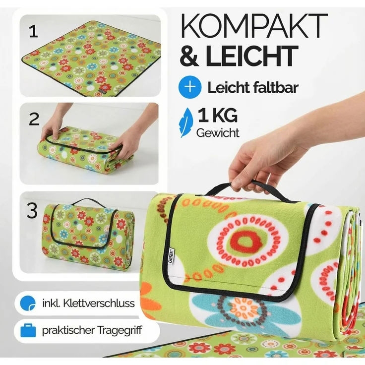 DETEX® Picknickdecke 200x200 cm Blumen Wasserdicht Isoliert Faltbar – Bild 4