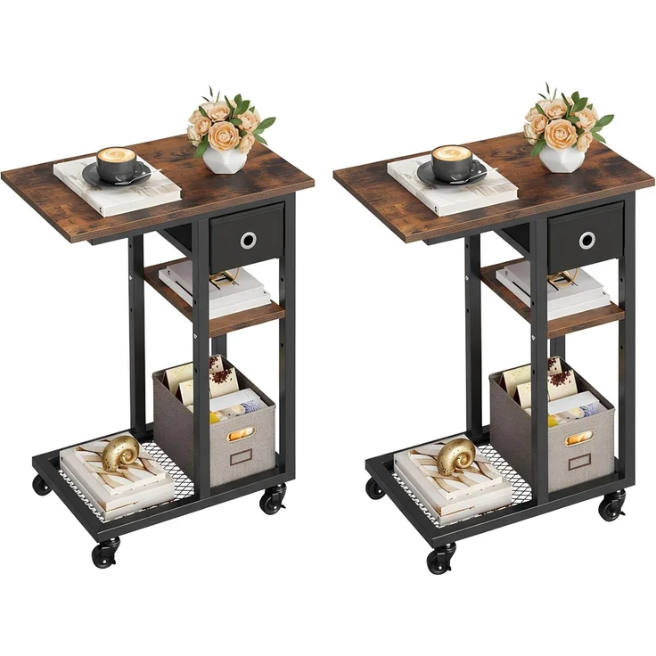 YITAHOME 2PCS Beistelltisch, C-Form Sofatisch mit Rollen und Schublade，Wohnzimmertisch für Kaffee und Laptop，für Wohnzimmer, Schlafzimmer，50 x 30 x 67 cm, Rustikales Braun