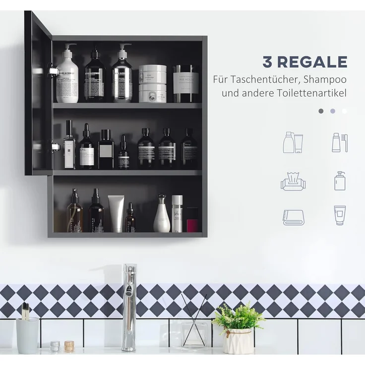 Kleankin Spiegelschrank Badezimmerschrank mit Spiegeltür 2 Innenböden und 1 offenem Regal (Badschrank, 1-St, Hängeschrank) Edelstahl, Glas, Schwarz, 46 x 13,5 x 58 cm – Bild 4