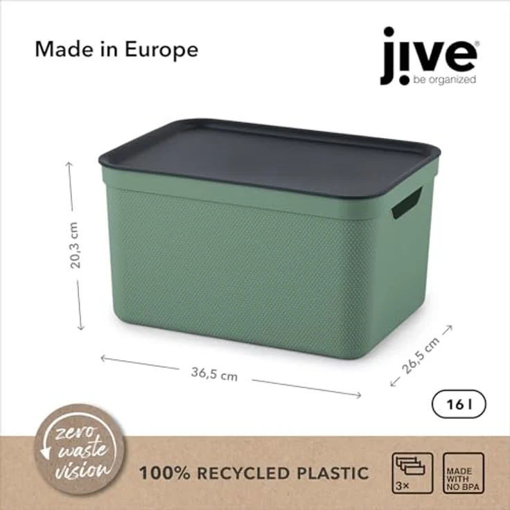 Jive Dekobox 3er- Set Aufbewahrungsbox 16l mit Deckel, Kunststoff (PP recycelt), grün/anthrazit, 3x16l (37.5 x 27.8 x 29.8 cm) – Bild 4