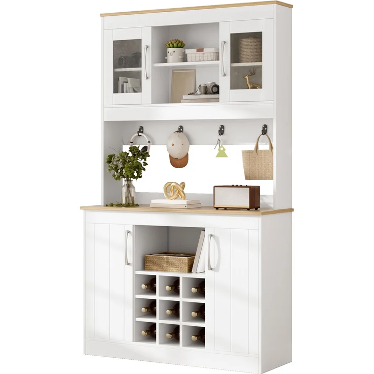 Küchenbuffet Buffetschrank mit Aufsatz 175 cm, Küchenschrank mit Glastüren, Weinregal und Hakenleiste, großer Geschirrschrank Vorratsschrank Küchenschrank für Küche Esszimmer Wohnzimmer--Natur, Weiß--106x39x175cm--YOUDENOVA – Bild 7
