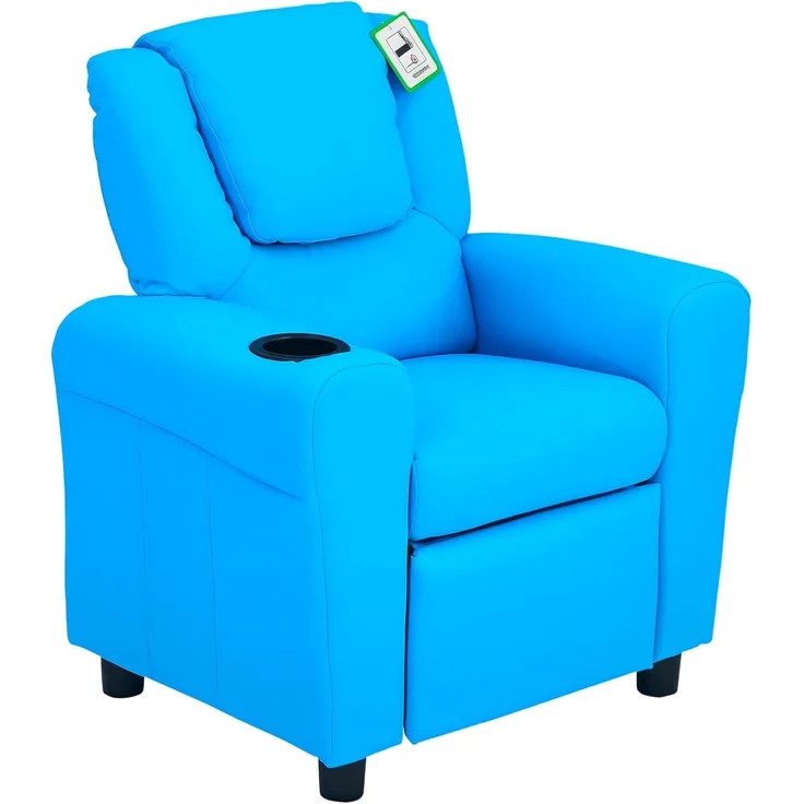 HOMCOM Sessel Kindersessel, Liegefunktion, Eingebauten Becherhalter, Blau (Set, 1-St, Kindersofa für 3-6 Jahre alt), 62B x 52T x 69H cm
