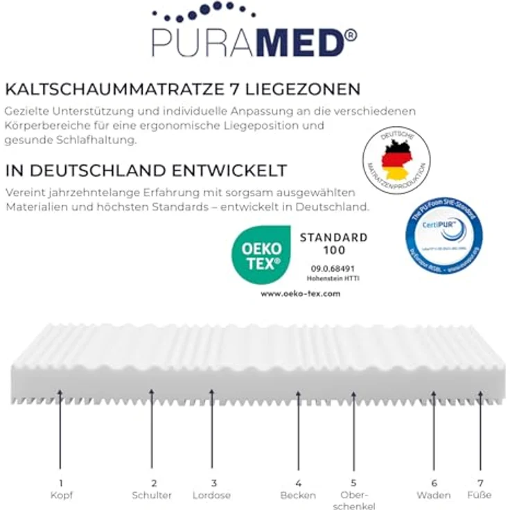 PURAMED Kaltschaummatratze - 200x200 cm - Höhe 18 cm - Härtegrad H2 & H3 - ergonomische 7-Zonen Matratze - produziert in Deutschland - waschbarer Mikrofaser-Bezug - Oeko-TEX® & CertiPUR Zertifiziert – Bild 6