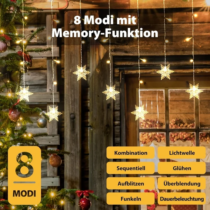 SALCAR 108er LED Schneeflocke Lichtervorhang Innen, 3M 18er Schneeflocken Lichterkette Außen, LED Weihnachtsdeko Fenster mit 9 Modi und Speicherfunktion, Warmweiß – Bild 2