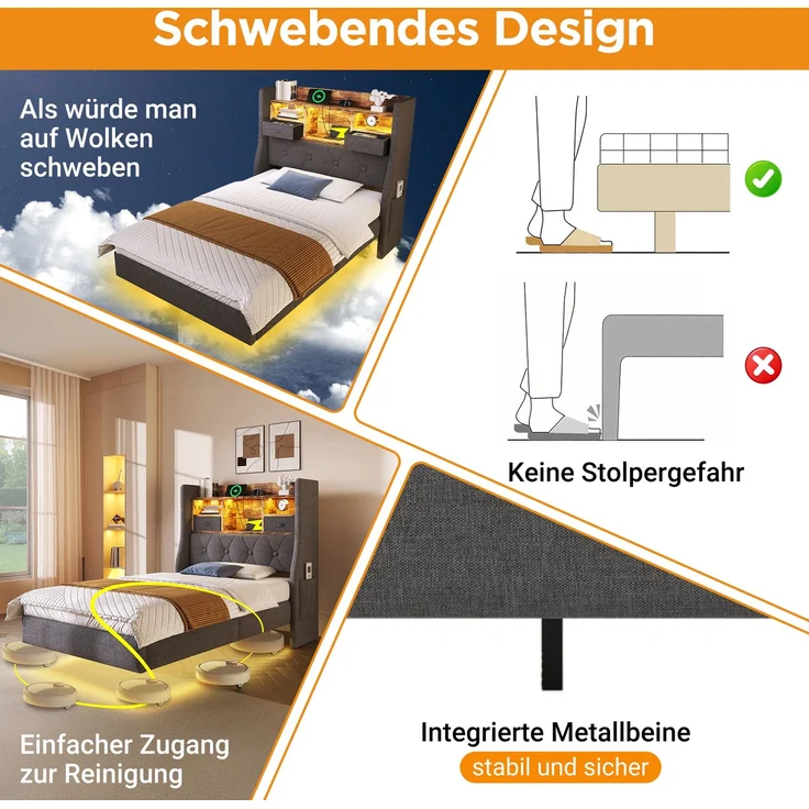 Polsterbett 90x200 cm Schwebebett mit LED-Beleuchtung, Kopfteil und Ladestation(1 Type-C, 3 USB-Anschlüsse), Modern Einzelbett mit Stauraum-Kopfteil und lattenrost, Leinen, Grau(Ohne Matratze) – Bild 4