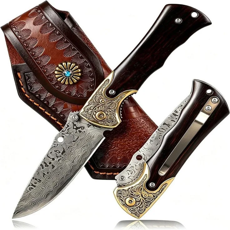 KingLux Damastmesser Taschenmesser Klappmesser 77Lagen Damaststahl für Outdoor Survival