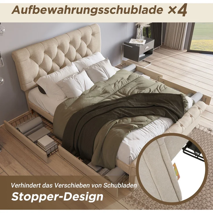 Polsterbett 140x200 cm mit 4 Schubladen, höhenverstellbarem Kopfteil im Scroll-Design, Leinenbett mit Stauraum,inklusive Matratze – Bild 7