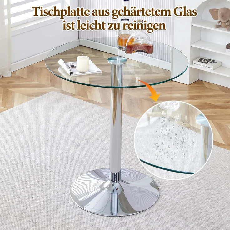 Flexibles Bar-Set: 89 cm Glastisch + 2 Hocker mit weißen Beinen, höhenverstellbar & drehbar, • Transparente Optik • 360°-Drehung • Vielseitig nutzbar, Schafft visuelle Weite und spart Platz.--Silber, Transparent, Weiß--51x49.5x50cm--YOUDENOVA – Bild 10