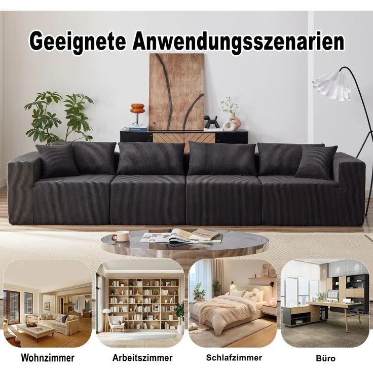 Ecksofa 264 x 167 x 71 cm – modulares L-Sofa mit Cordbezug, Schwarz – Bild 9