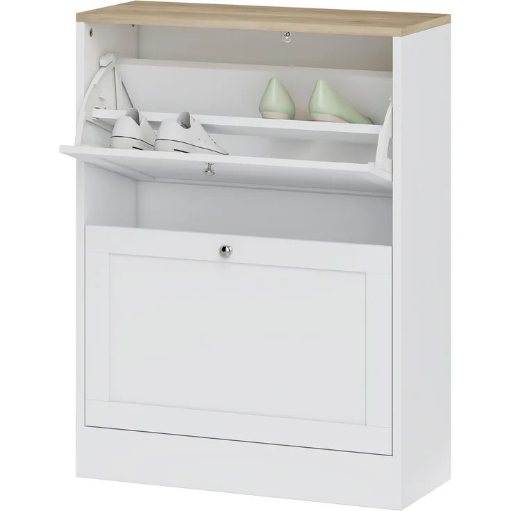 Wohnora-Schuhschrank für 12 Paar Schuhe, Garderobenschrank mit 2 Klappschubladen und verstellbaren Einlegeböden, 60 x 23,5 x 80 cm, weiß,H 800cm x T 600cm x B 235cm,Spanplatte