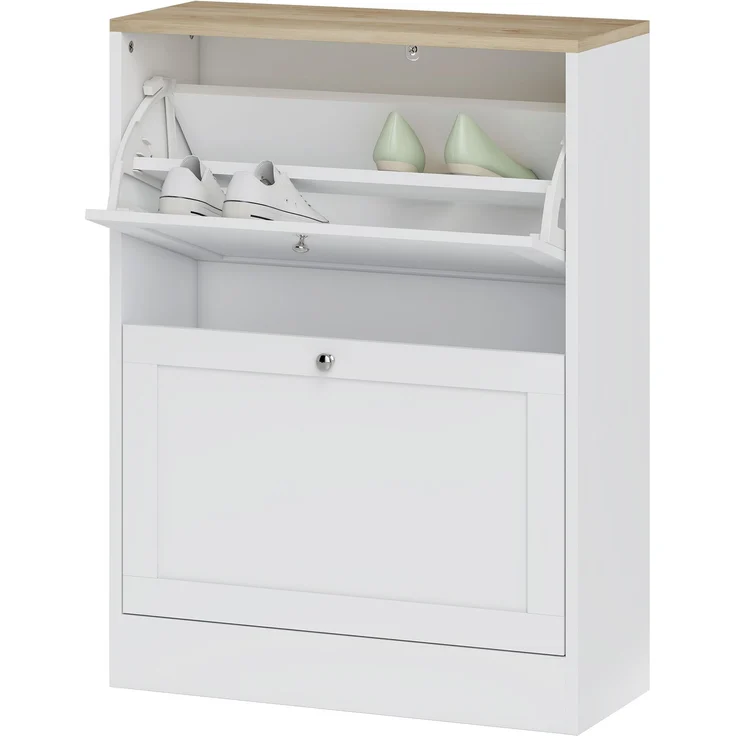 Wohnora-Schuhschrank für 12 Paar Schuhe, Garderobenschrank mit 2 Klappschubladen und verstellbaren Einlegeböden, 60 x 23,5 x 80 cm, weiß,H 800cm x T 600cm x B 235cm,Spanplatte – Bild 1
