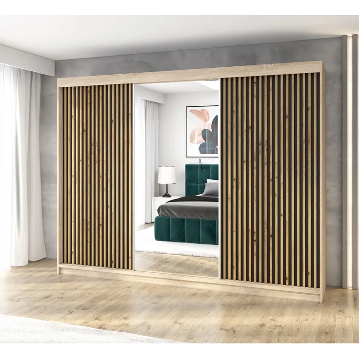 A&J MöbelLand Schwebetürenschrank FARA 200 cm, mit 4 Schubladen, Spiegel, 3D Lamellen – Bild 1