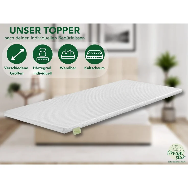 Dreamstar, Topper Easy Dream, ergonomischer Matratzentopper, Kaltschaum - H2/H3/H4/H5, 5 cm hoch, Kaltschaum, rutschfest, Bezug waschbar - für Matratzen und Boxspringbetten – Bild 2