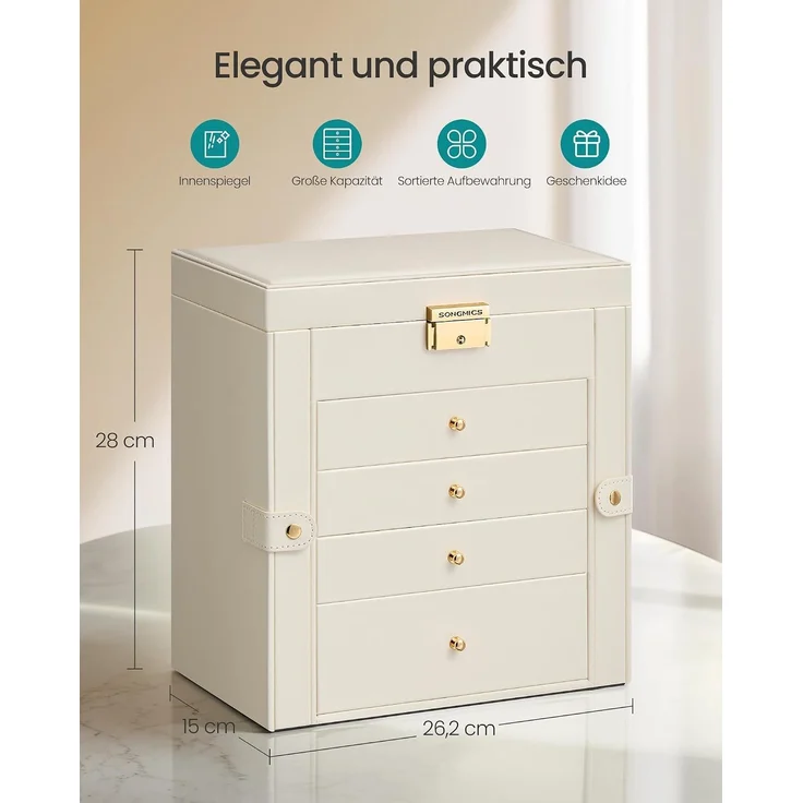 SONGMICS Schmuckbox mit 5 Ebenen, Schmuckkasten, mit Innenspiegel, abschließbar, weiß – Bild 3