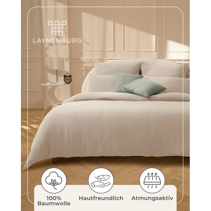 Laynenburg Bettwäsche Musselin aus 100% Baumwolle in 135x200 oder 155x220 cm, atmungsaktiv & bügelfrei – 3 lagig mit Reißverschluss & Haltebändern – Bild 3