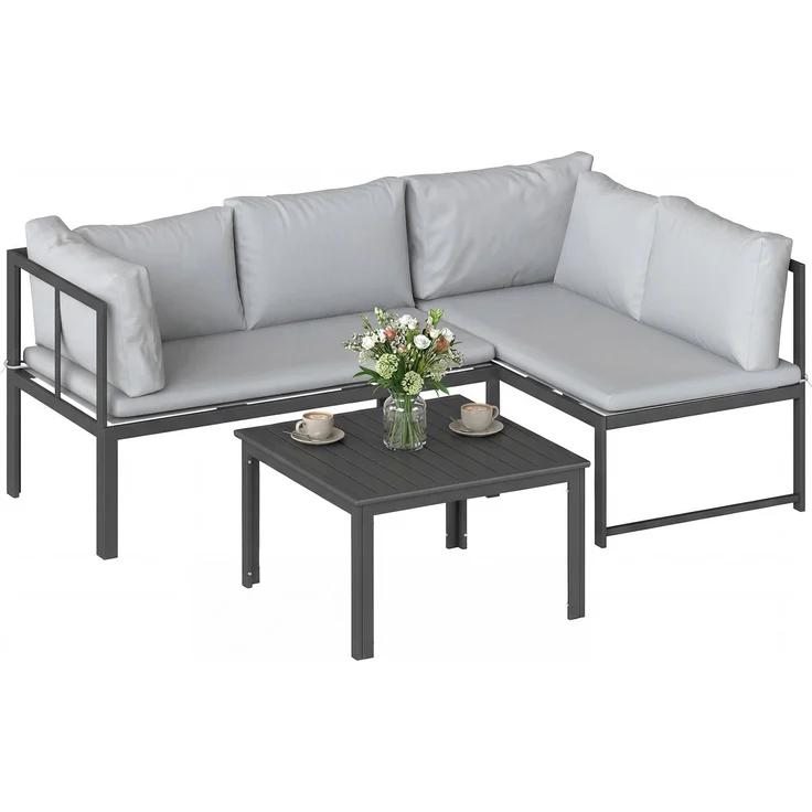 Wohnora-3-teiliges modulares Garten-Lounge-Set für 4 Personen mit verstellbaren Armlehnen und 16 cm dicken Kissen – Grau,H 64cm x T 177cm x B 115cm – Bild 1