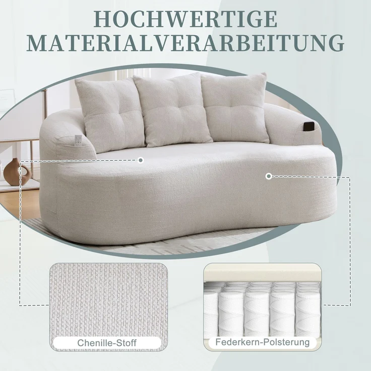 LVHOM 2-Sitzer Sofa mit 3 Kissen, Cloud Sofa mit komprimiertem Design, kein Aufbau erforderlich, Doppelsofa aus Chenille, Beige – Bild 3