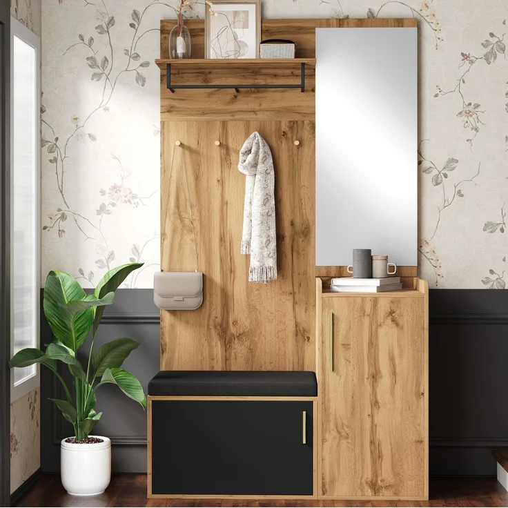 Kompaktgarderobe mit Spiegel, Sitzbank & Schuhschrank, 100x38x185 cm, Natur/Schwarz – Bild 8