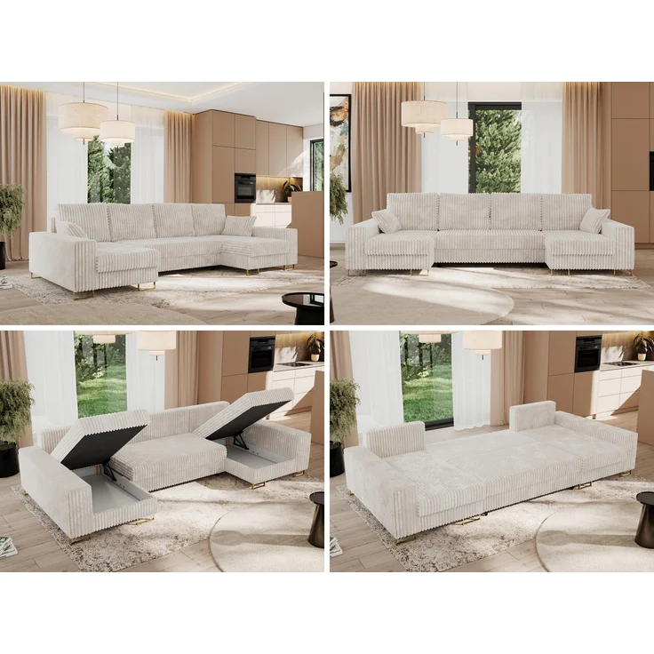 U-förmiges Ecksofa auf goldenen Metallbeinen, mit Schlaffunktion und drei Bettkästen für das Wohnzimmer - DORIAN U - Beige Cord – Bild 2