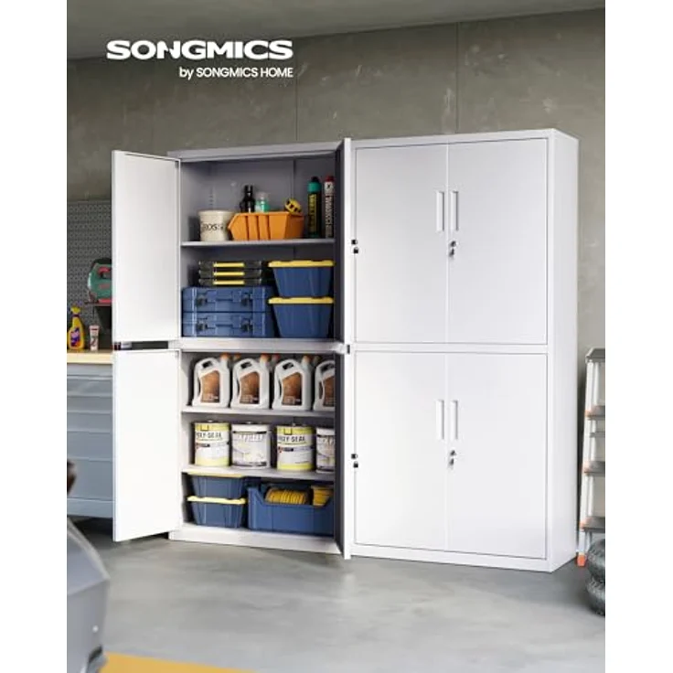 SONGMICS Aktenschrank, Mehrzweckschrank, Büroschrank, mit 4 Türen und 5 Ebenen, 40 x 80 x 180 cm, 2 Schlösser, verstellbare Ablagen, Aufbewahrungsschrank aus Stahl, mattweiß OMC016WG01 – Bild 4