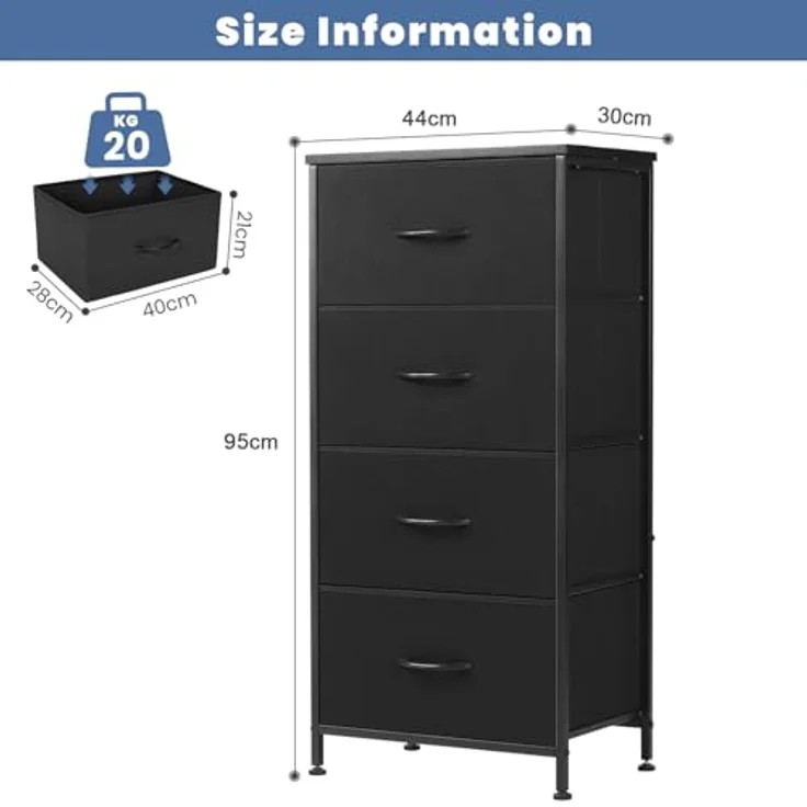 DUMOS Kommode mit Schubladen - Kommoden & Sideboards für Schlafzimmer Geeignet, Komodenschrank mit 4 Schubladen, Stoffkommode mit Stabilem Stahlrahmen, Ideal für Schlafzimmer, Wohnzimmer (Schwarz) – Bild 3