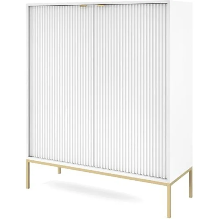 Selsey VELLORE - Hochkommode, Weiß mit geriffelten Fronten und goldenen Metallbeinen, 104 cm