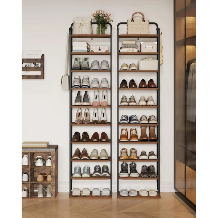 Vertikales Schuhregal, 10-Stöckige Schuhregale, Schuhturm für kleine Räume, Freistehend, Verstellbar, Platzsparend, Braun und Schwarz – Bild 6