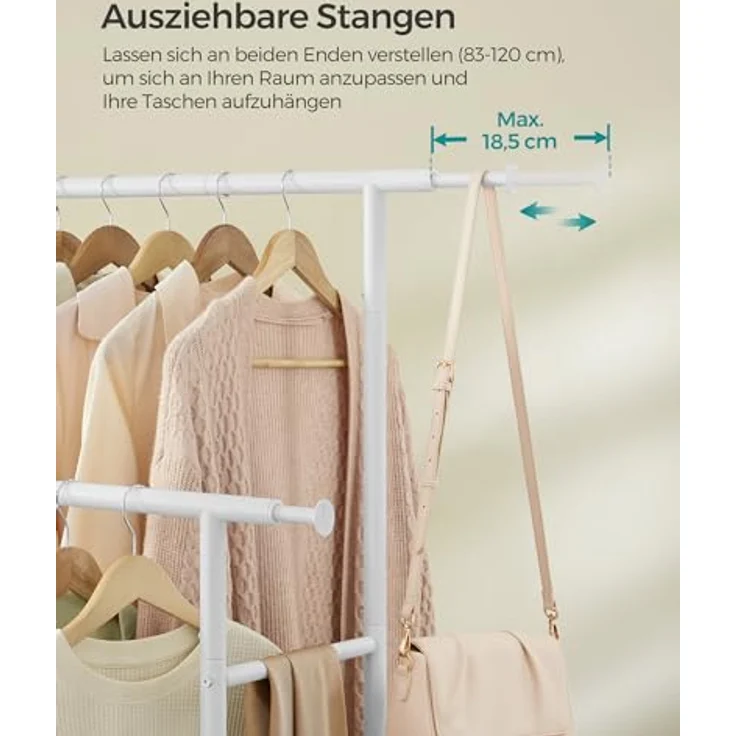 Songmics Kleiderständer auf Rollen, doppelte Stangen, ausziehbare Kleiderstangen, Garderobenständer aus Stahlrohren, bis 80 kg belastbar, 83-120 cm breit, Wolkenweiß – Bild 4