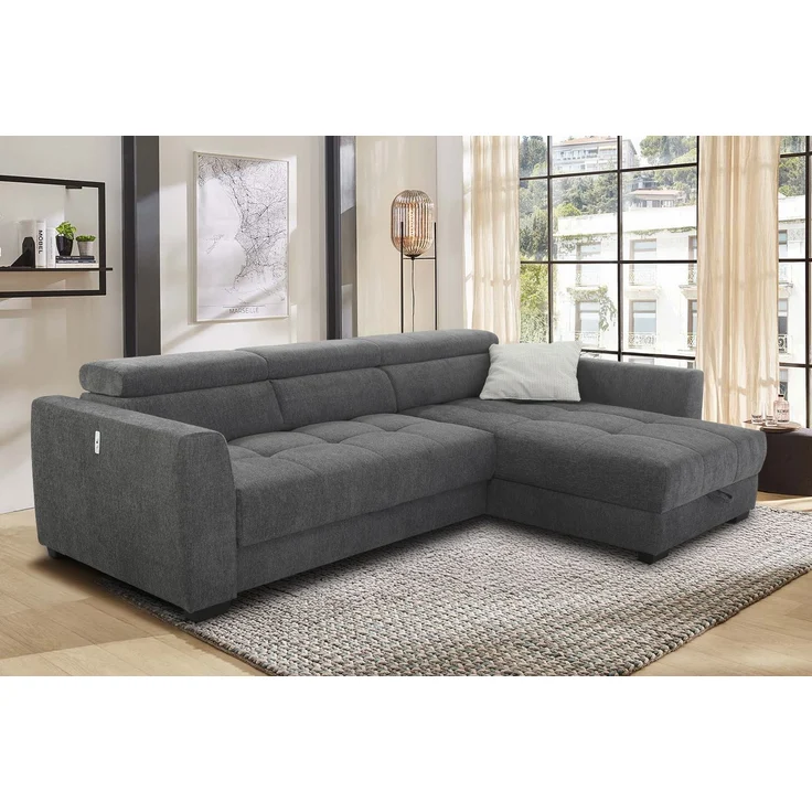 Ecksofa elektrisch ausfahrbar verstellbar Couch Kopflehne Bettkasten Dunkelgrau – Bild 3