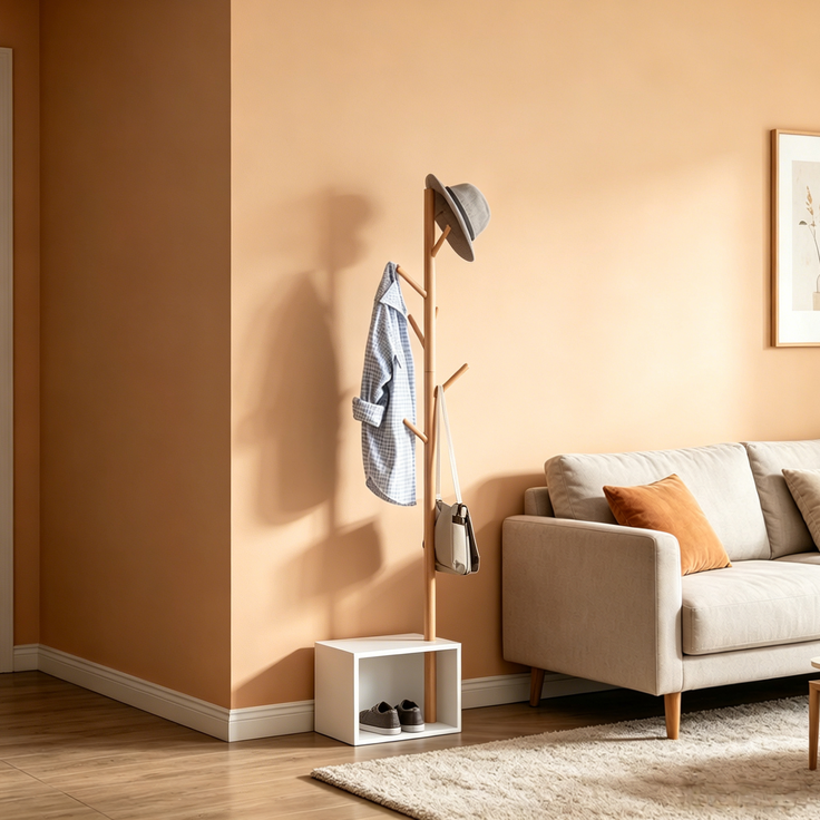 Garderobenständer 40 x 30 x 180 cm mit 6 Haken und Stauraum – MDF und massives Bambusholz – Bild 2
