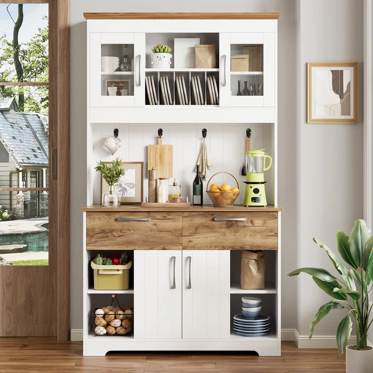 DESVIAE Sideboard mit Vitrinenfächern und 2 Schubladen 106x176,5x39 cm Spanplatte Weiß/Holzfarben – Bild 5