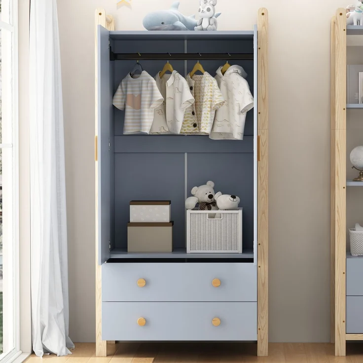 Doppelklappengarderobe, Kombinationsgarderobenset, Garderobe + Regal, Kinderzimmer-Set, Kombinationsmöbel, mit Kleiderstange und Schubladen, Fichtenrahmen, Farbkombination Blau + Naturholz, Höhe 180cm – Bild 8