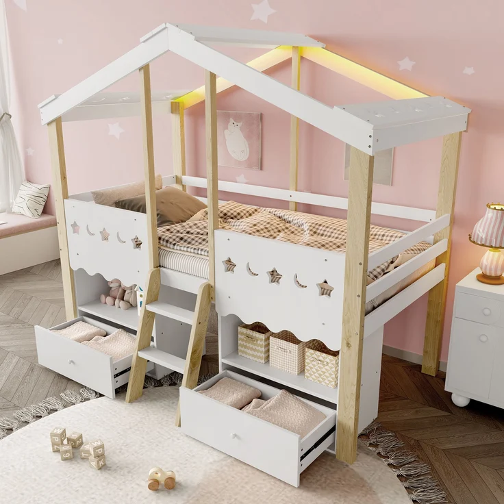 Bett in Hausform 90x200 cm mit LED-Beleuchtung und Schubladen – halbhohes Kinderbett aus Kiefernholz, Weiß/Natur – Bild 4