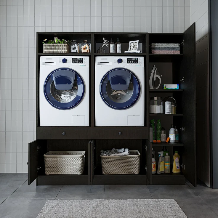 Roomart Schrankwand für Waschküche & Hauswirtschaftsraum – SERIE 1 – 179 cm breit – mit Ausziehbrett – Waschmaschinenschrank & Stauraumlösung • Schwarz-Eiche – Bild 4