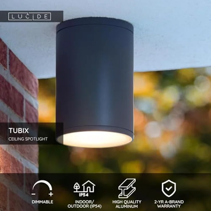 LUCIDE TUBIX Deckenstrahler Innen/Außen, Ø 10,8 cm, 1xE27, IP54, anthrazit, Aluminium gefertigt – Bild 2
