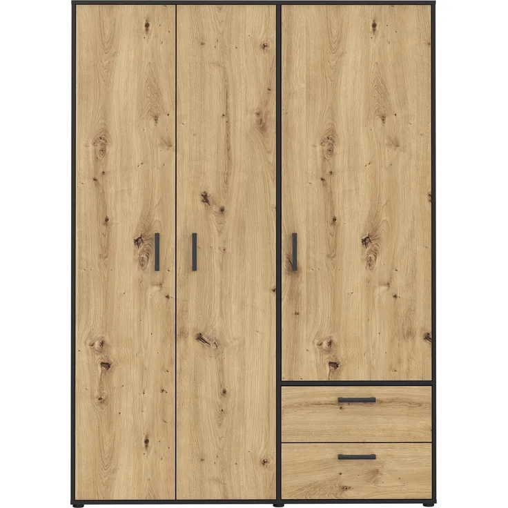 Forte MONISSA Kleiderschrank 140 150, moderner Drehtürenschrank, 3-türig, 2 Schubladen, Holzwerkstoff, Artisan Eiche Holzdekor|Schwarz, 144,4 cm breit x 200,1 cm hoch x 59 cm tief