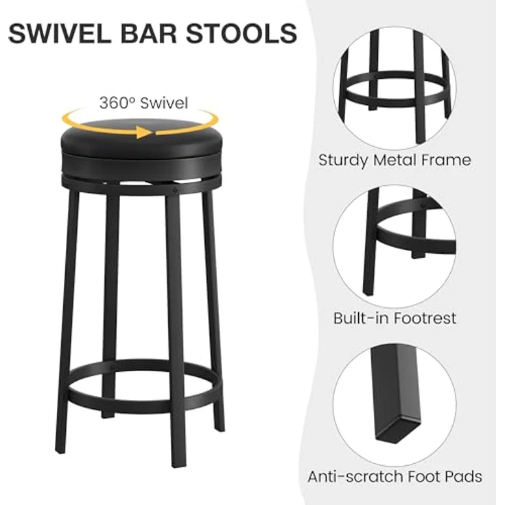 GarveeHome 360°Drehbar Runde Barhocker 2er Set, 62cm Hoch Barstühle mit Fußstütze, Küchenthekenhocker mit PU-Kunstleder und Metallrahmen, Hocker für Bartisch, Küchenstühle für Küche/Bar, Schwarz – Bild 7