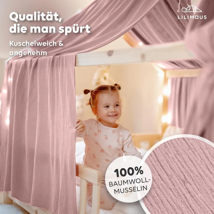 lilimaus Betthimmel Hausbetthimmel Baumwoll Musselin Betthimmel Kinder Hausbett 2er Set, Stilvolle Musselin-Deko für Kinderzimmer, ideal als Geschenkidee – Bild 2