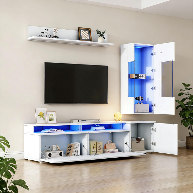 TV Wohnwand Set 3-teilig LED Beleuchtung Hochglanz Wohnzimmer Möbel Set Frontale Wohnwand 1 x TV Schrank, 1 x Wohnzimmer Vitrine, 1 x Hängeregal, TV bis 80' Weiß--Weiß--77.5x54.61x22cm--YOUDENOVA – Bild 9