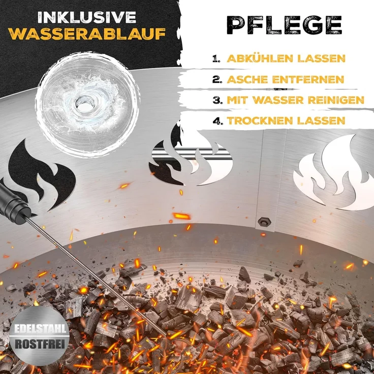 KESSER® Feuerschale mit 2,5 mm Stahldicke Feuerkorb aus Edelstahl / Stahl inklusive 42cm Feuerhaken aus Gusseisen, Wasserablauf & 2 stabile Griffe für Holz & Kohle Feuerstelle für Garten & Terrasse Ø 60 cm, Edelstahl + Funkenschutz – Bild 6