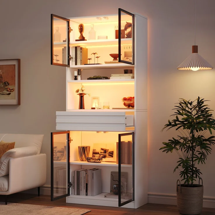 Vitrine Display Schrank 80 x 35 x 200 cm aus MDF, Bücherschrank mit 4 Glastüren, 1 Schublade, App‑gesteuerter RGB LED‑Beleuchtung,hohe Schränke, Weinschränke, vitrinen schrank für Wohnzimmer,Weiß--Weiß--80x35x200cm--YOUDENOVA – Bild 3