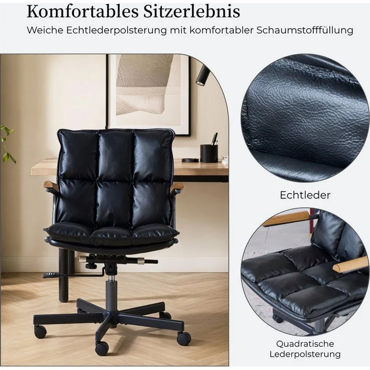 SeedWave Bürostuhl Höhenverstellbarer Drehstuhl mit Eichenholz-Armlehnen, 136kg belastbar, Industrial Design, Echtleder Schreibtischstuhl mit Wippfunktion – Bild 3