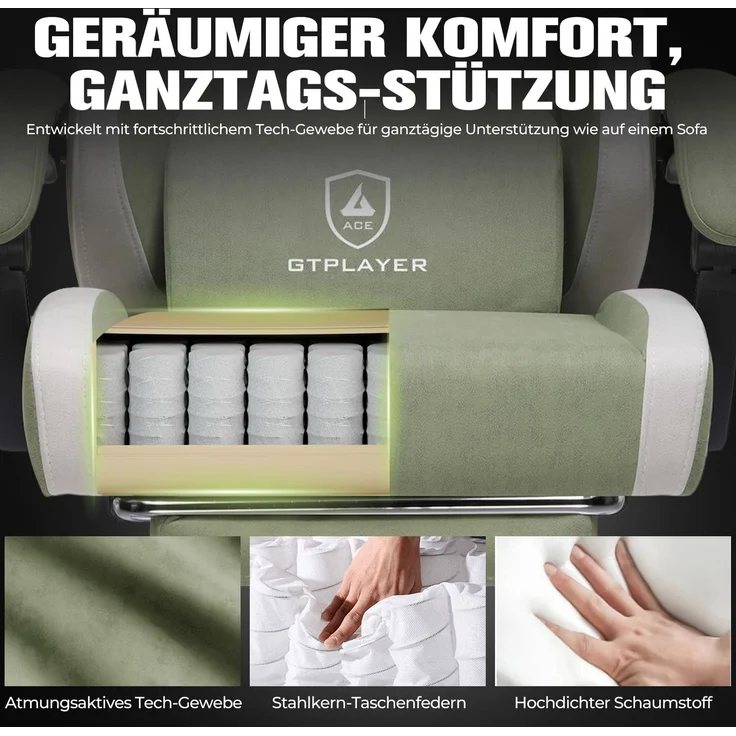 GTPLAYER Gaming Stuhl Ergonomischer, PC Stuhl Atmungsaktiver Stoff, Groß und Hoch Drehbarer Schreibtischstuhl mit Fußstütze,Verstellbare Lendenwirbelstütze und Kopfstütze,Grün – Bild 6