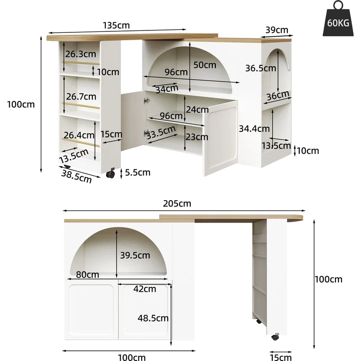 Merax Ausziehbarer Bartisch mit Stauraum(135-205×39×100cm) , Moderner Beweglicher Bar Table, Teleskopischer Bartisch mit LED Hochtisch Kücheninsel, Weiß – Bild 4