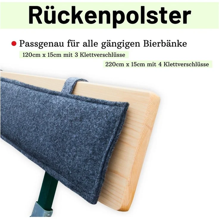 Sensalux Bankauflage Rückenlehnen-Polster für Bierzeltgarnitur, (120cm x 15cm, 2er Pack, 2 St, Grau - Grau (Filz), Schnelles einfaches Anbringen, Flexibel einsetzbar, Klettverschluss – Bild 3