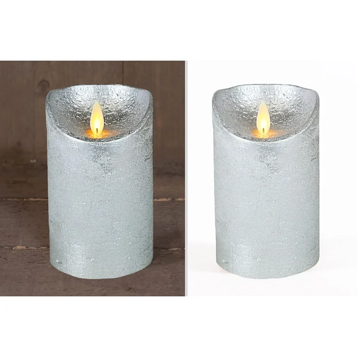 LED Echtwachskerze - Silber Rustik - D7,5cm / H15,0cm - mit Wackelflamme - Batteriebetrieben - Timerfunktion - Weihnachtsdeko – Bild 2