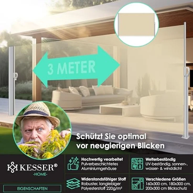 KESSER® Alu-Seitenmarkise Ausziehbar & Blickdicht | Garten-Sichtschutz & Windschutz mit Aufrollautomatik für Balkon & Terrasse | Seitenrollo inkl. Regencover mit Wandhalterung Beige, 300 x 180 cm – Bild 2