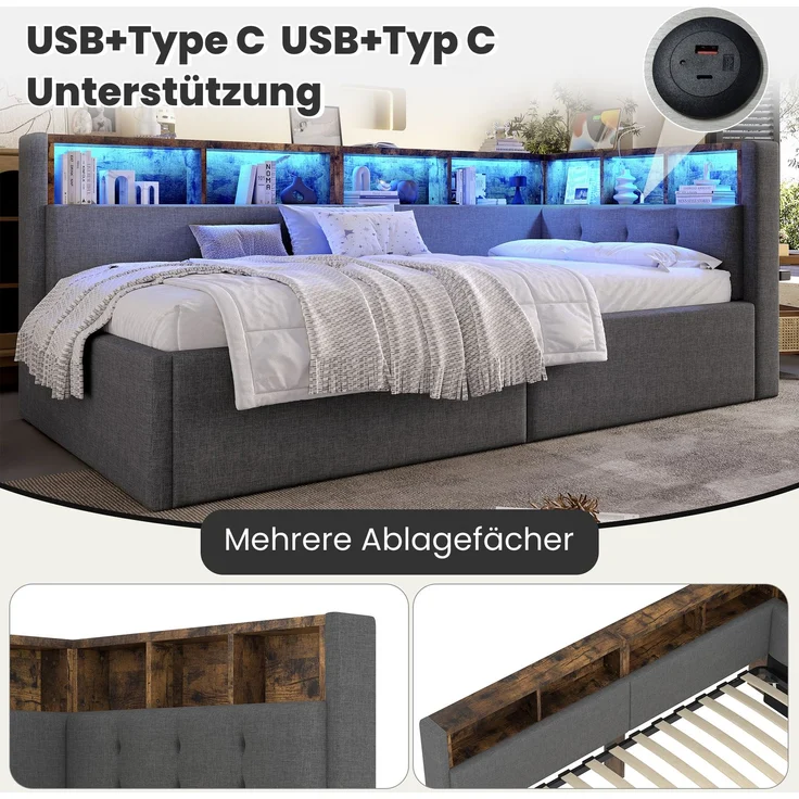 ZUBALIYA Schlafsofa / Tagesbett, mit hydraulische Aufbewahrungsfunktion und mehrfarbiger LED-Streifenbeleuchtung, 90 x 200 cm, Leinen, Grau, fürs Schlafzimmer, mit Stauraum, mit LED, Samt – Bild 3