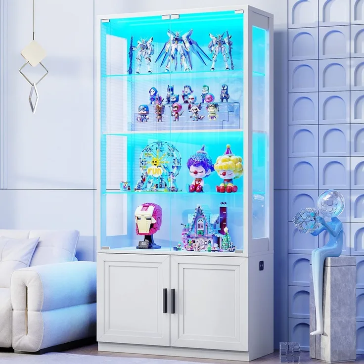 Glasvitrine 76x35x170 cm, 4-stöckige Vitrine mit Glastüren und verstellbaren Glasböden, LED-Beleuchtung und Sensor, Weiß