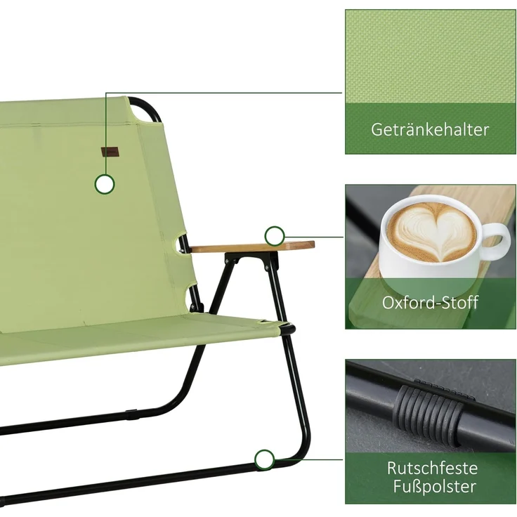 Outsunny Campingstuhl Gartenstuhl, 2-Sitzer Regiestuhl (Klappstuhl mit Getränkehalter, 1 St), für Outdoor, max. Belastung 160 kg, Hellgrün – Bild 7